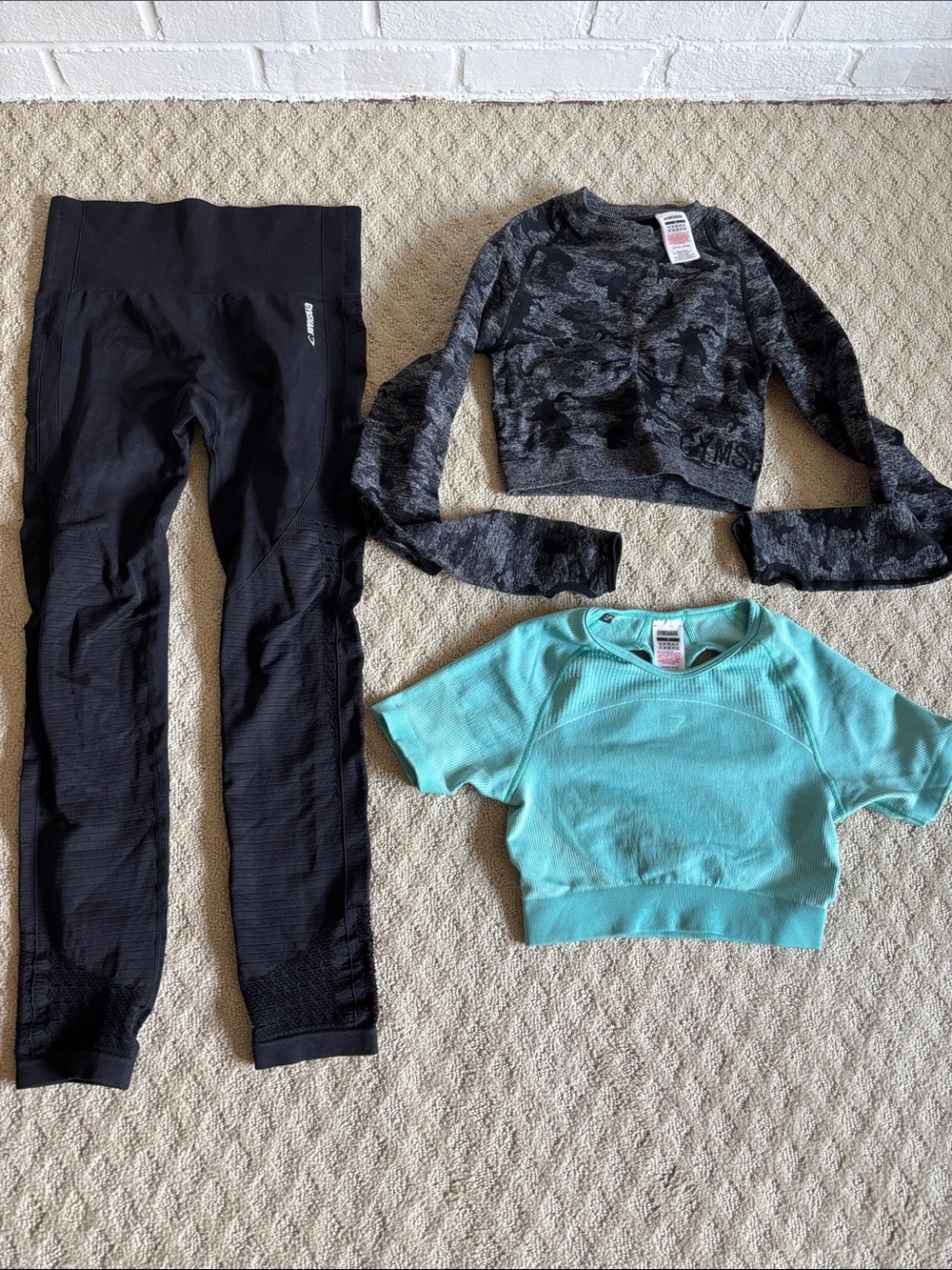 Gymshark Bundle Lot Activewear Set, Black Legging, Charcoal Camo Crop, Aqua Crop